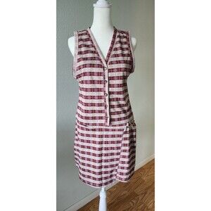 Vintage Plaid Two Piece Skirt Set Sleeveless Button Front Top Womens Size M